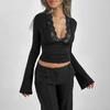 Pure Lust Hottie Trumpet Lace Splicing T-shirt Slim Fit French Long-sleeved Low-neck Top
