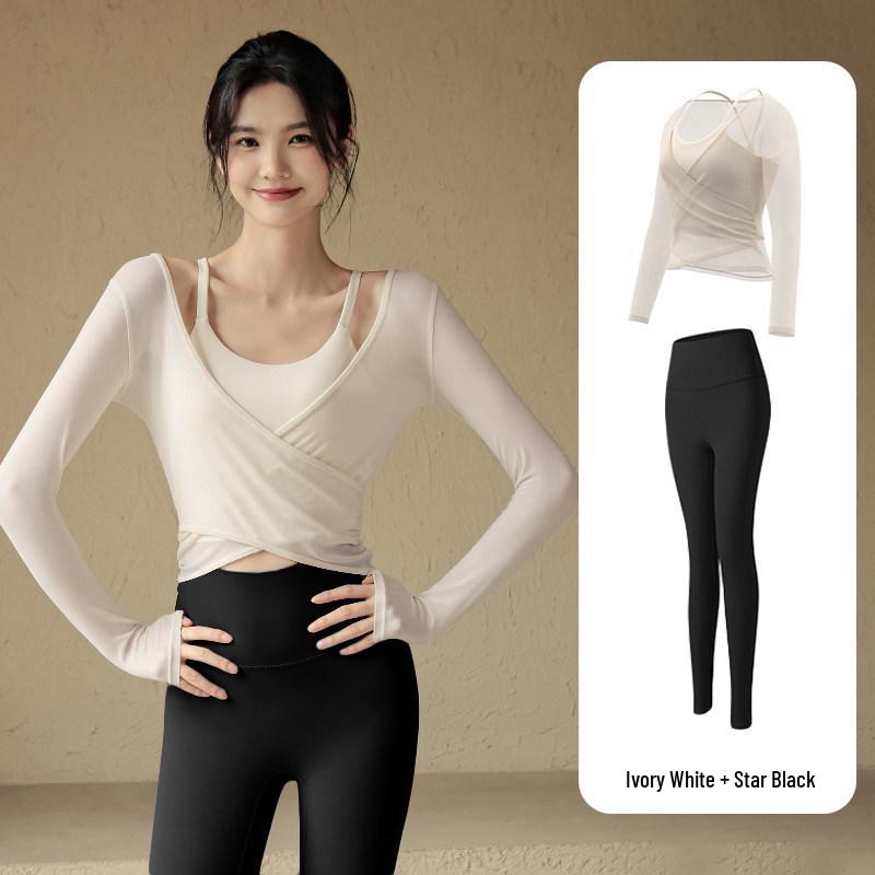 Women's Mesh Two-Piece Yoga Top with Chest Pads - Slimming, Versatile for Pilates and Fitness.