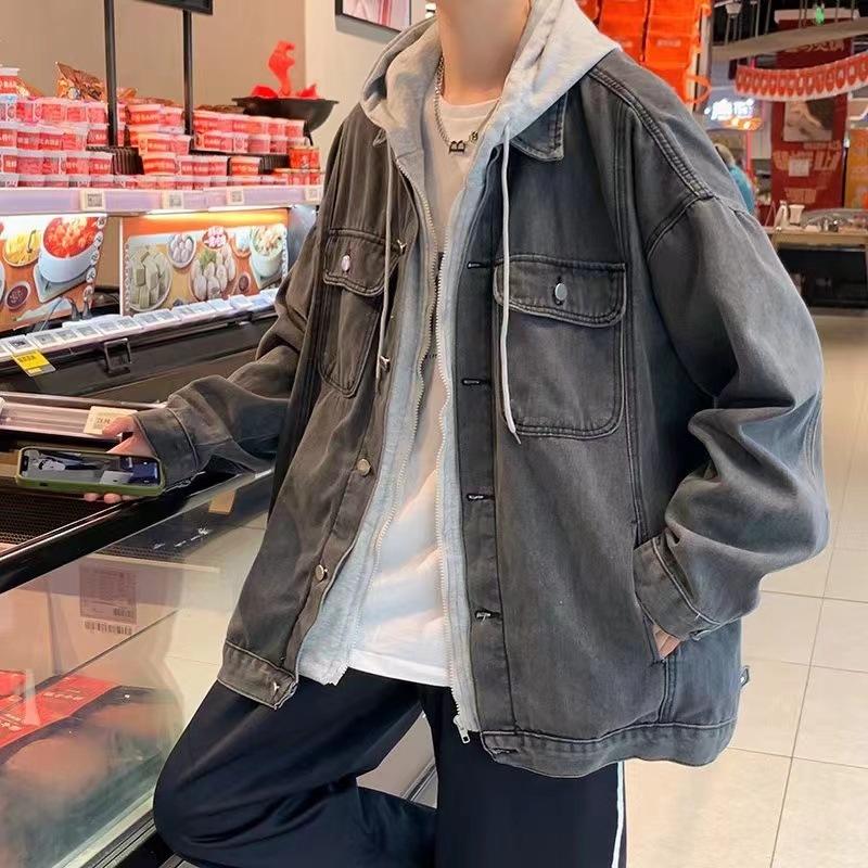 Chaqueta vaquera para hombre, primavera y otoño, nuevo diseño, chaqueta falsa de dos piezas, suelta, informal, con capucha, versátil, nuevo estilo