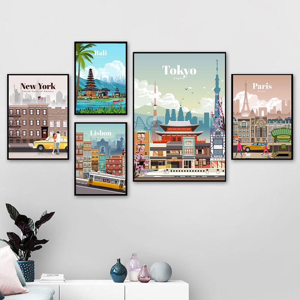 Famous City Retro Travel Poster Cartoon London New York Bali Tokyo Landscape Canvas Painting Wall Art Pictures Livingroom Decor