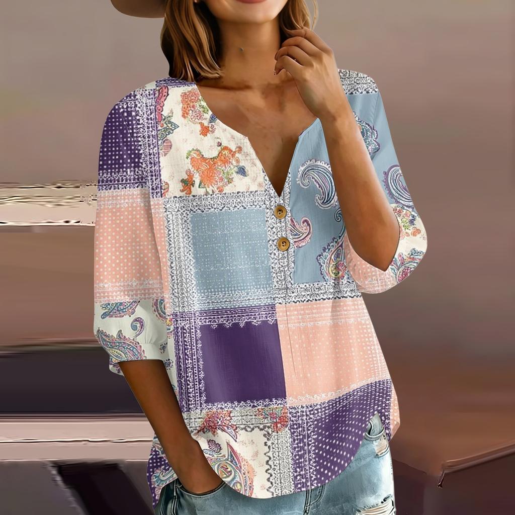 Women’s Fashion Printed Patchwork Cotton Linen Henley Shirt with Button Front and Three Quarter Sleeves Relaxed Fit Top