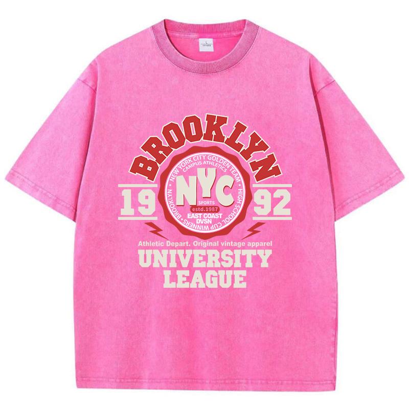 Womens Acid Wash T-Shirts Brooklyn University League Printing Tees Distressed Oversize Cotton Short Sleeve Trend Clothes