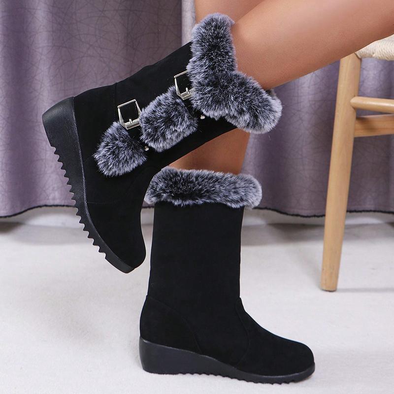 Fashion Women's Wedge Heeled Snow Boots Fashion Buckle Design Faux Fur Mid Calf Boots Woman Comfortable Thicken Warm Plush Winter Boots