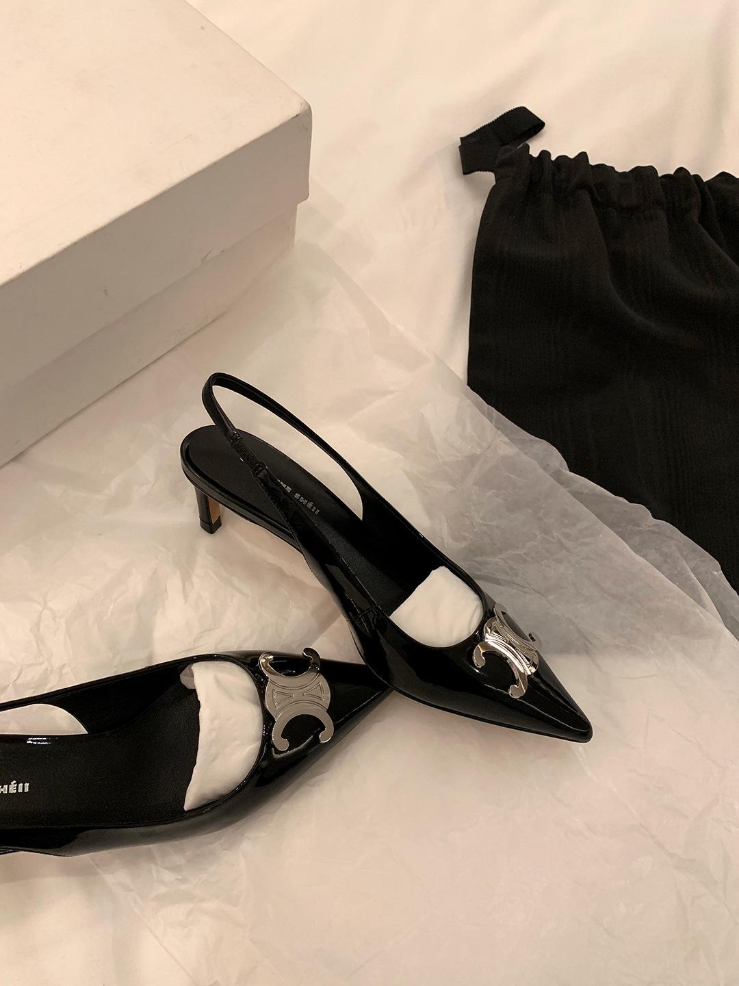 

[sheii Su Yinyin] Light and ripe lady~ Arc de Triomphe buckle pointed back empty high-heeled sandals women s commuter shoes 40 чёрный