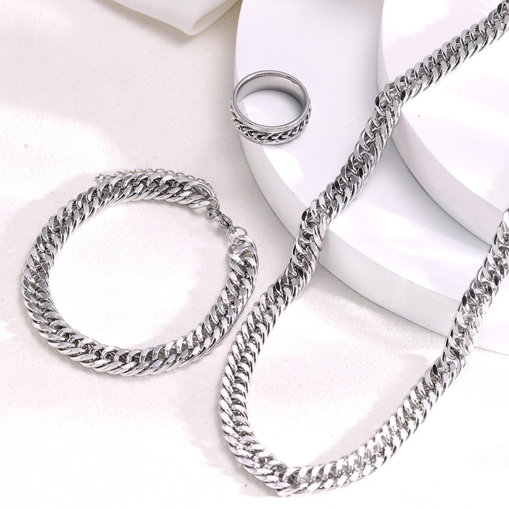 Trendy Stainless Steel Cuban Chain Bracelet Necklace Ring Set For Men Women Minimalist Silver Color Hip Hop Party Jewelry Sets