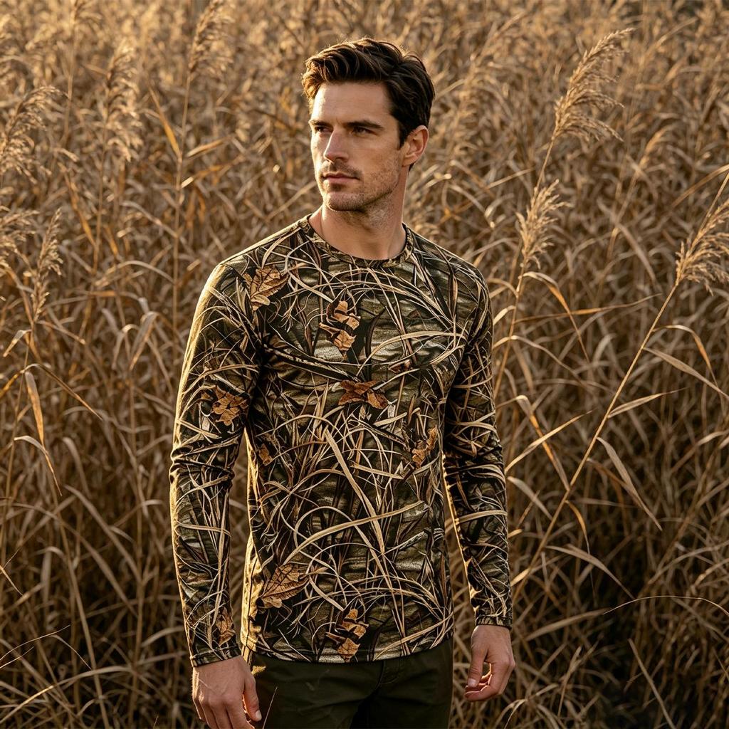 T-shirt Mimetica Bionica Foglia di Canna Corteccia d'Albero 3D da Uomo a Maniche Lunghe Casual Moda Personalizzata Comoda Traspirante Versatile T-shirt Autunnale