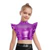 Kids Dance Shirt Metallic Mock Neck Mesh Patchwork Rhinestone Ruffle Crop Top with Press Buttons