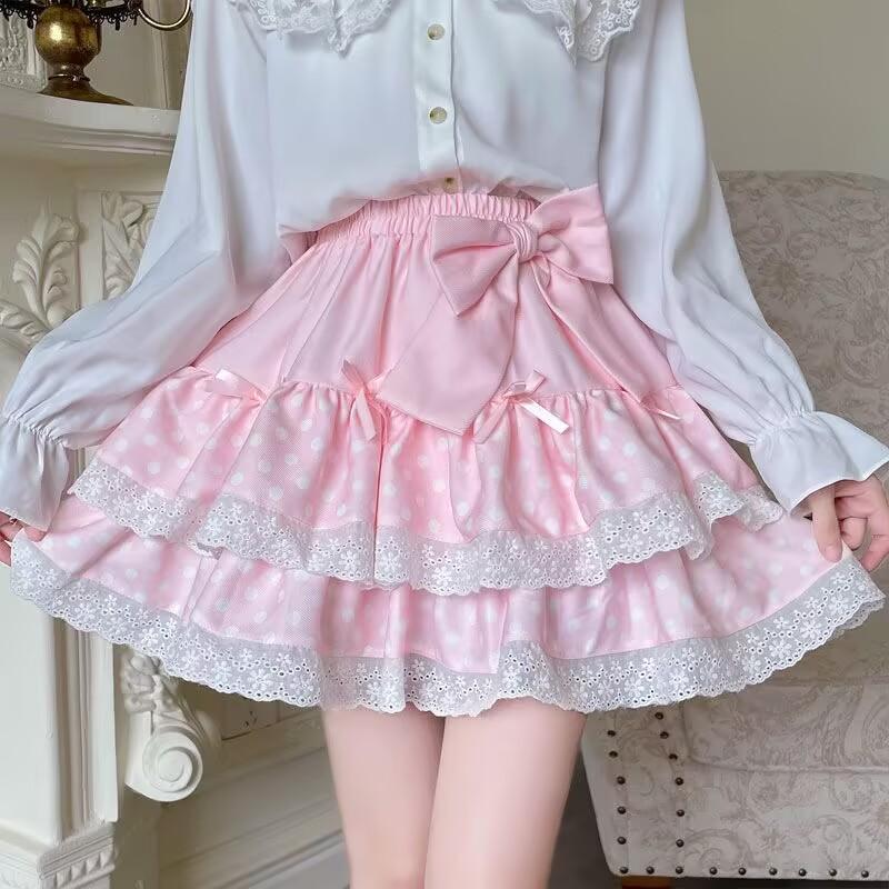 Vintage Harajuku Lolita Style Mini Skirt Women Kawaii Polka Dot Bow Lace Cake Pink Skirt Gothic Cute Sweet Schoolgirl Y2k Skirts