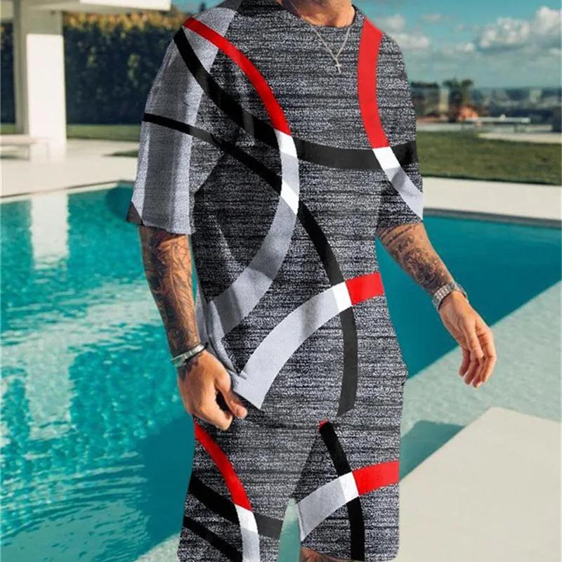 Summer Men's Set Short Sleeve Abstract 3d Printed Pattern Fashion Casual O-neck T-Shirt Shorts 2 Piece Set Sports Suit