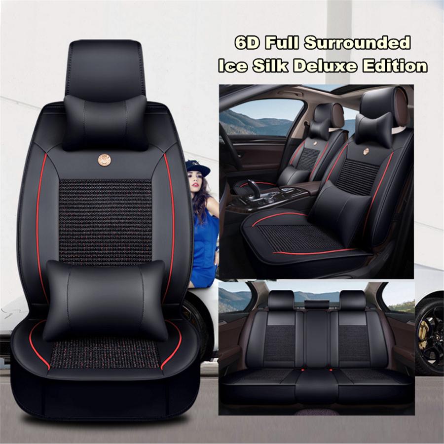 

Universal Luxury Deluxe Edition Full Seat PU Leather & Ice Silk Car Seat Cover Cushion Pad 6D Surround Breathable With Headrests and Waist Pillows