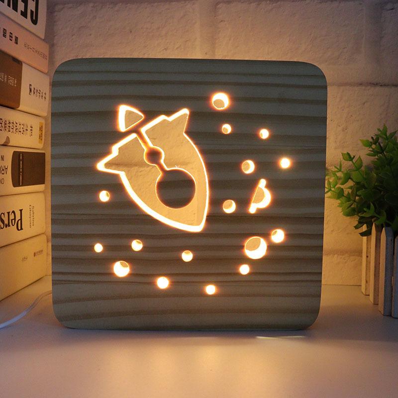 Creative 3D Night Lamp Corporate Gift Design Letter Music Notes Solid Wood Hollowed-out Carving LED Desk Lamp Wooden