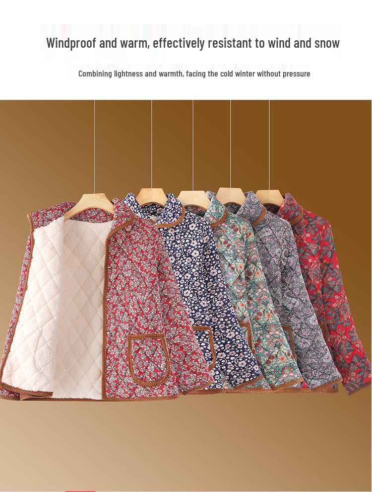 Floral Lapel Cotton Padded Jacket: Thick, Short Style for Middle-Aged and Elderly Women, Perfect for Autumn and Winter.