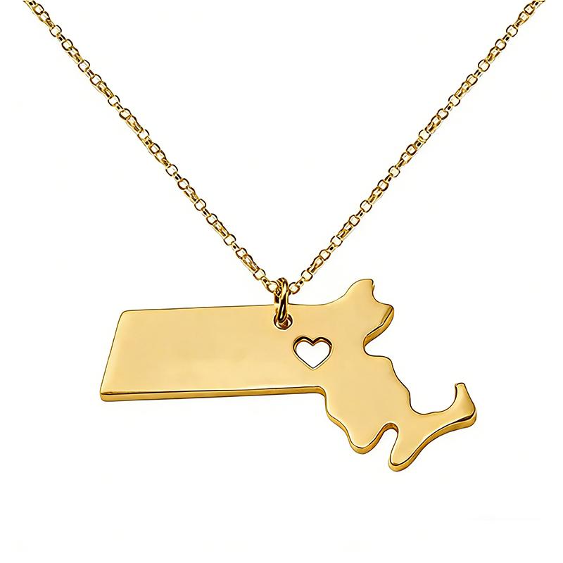 Stainless Steel Massachusetts Map Pendant Necklace Hollow Heart USA State Map Jewelry Gifts