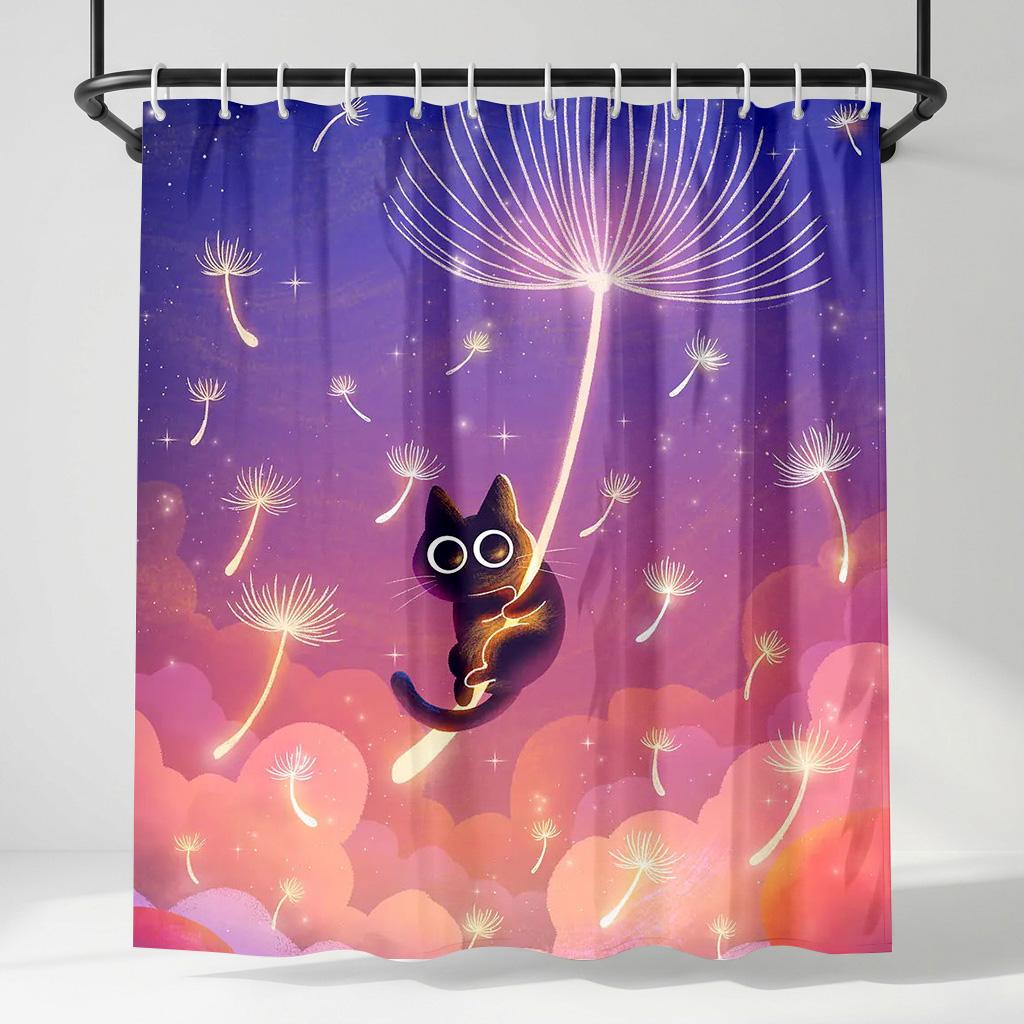 

Cute Cat Dandelion Starry Sky Shower Curtain - Creative Purple Dreamy Night Design - Indoor Home Bathroom Decor Bath Curtain W60H190(CM)-1 Pcs