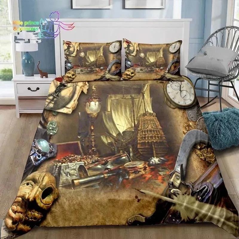 Vintage Pirater Sängkläder Set Enkel Tvilling Full Queen King Size Sängset Vuxna Pojkar Sovrum Pirater Skattkarta Sängkläder Gåva