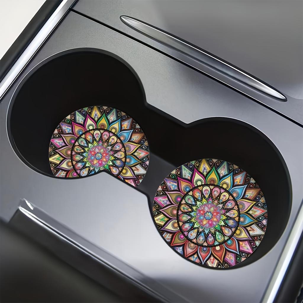 2pcs Car Cup Holder Vintage Mandala Flower Silent Anti-Slip Silicone Insert Coaster Mat Universal Interior Accessories