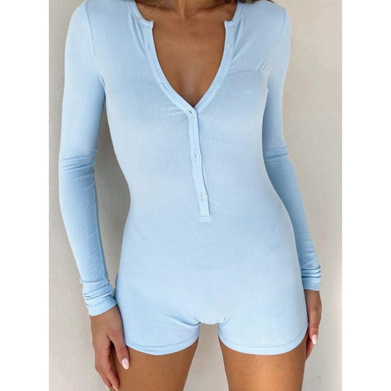 Amazon 2024 European and American Autumn New Women's Tight One-Piece Shorts Casual Button Cotton Top Long sleeve V-neck