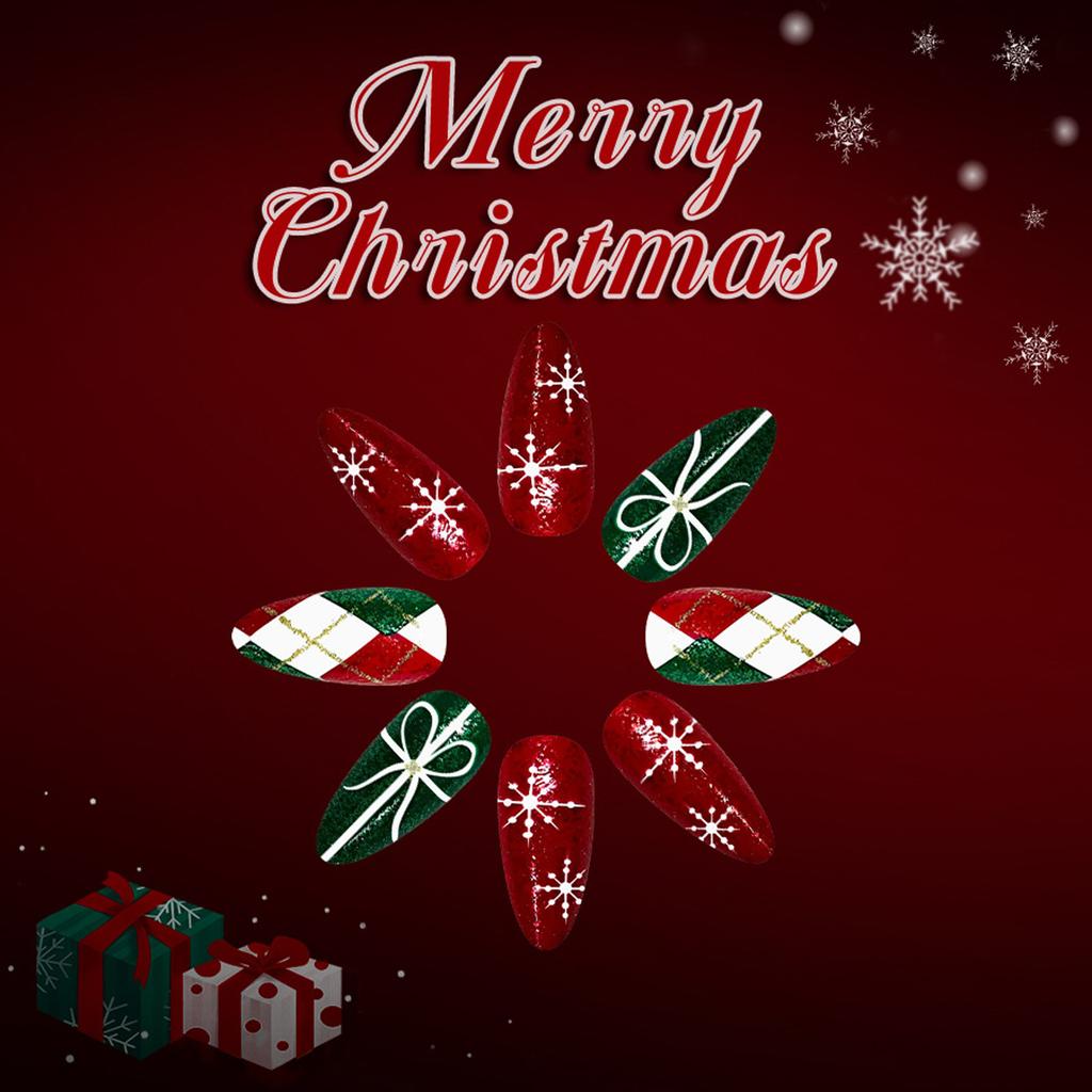 24Pieces Holiday Fake Nail Green Plaids Glitters Snowflakes Festive Santa Pattern Quick Application Press On Nail