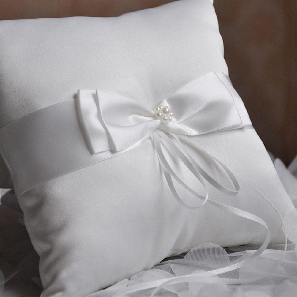 White Silk Jute Ring Bearer Pillow 15*15cm 20*20cm Jewellery Cushions Ribbon Bowknot Ring Pillow