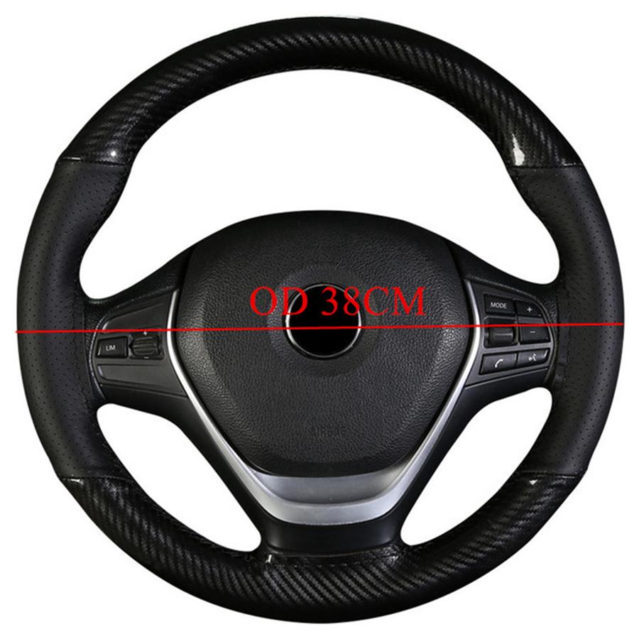 38cm PU Leather DIY Black Carbon Fiber Deluxe Car Steering Wheel Cover Trim 1Pcs