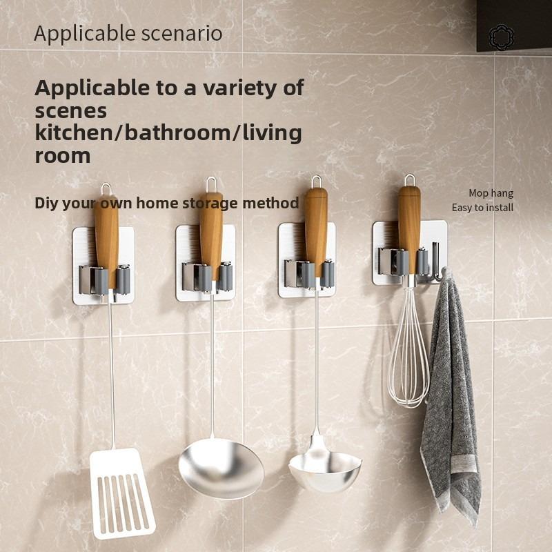 Wall-mounted Mop Holder Without Drilling - Stainless Steel Bathroom, Kitchen and Toilet Mop Holder Storage Hanging Frame, Fixed Clamp