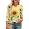 Women's Casual Round Neck Slim Sunflower Print Pleated Seven Sleeve Top