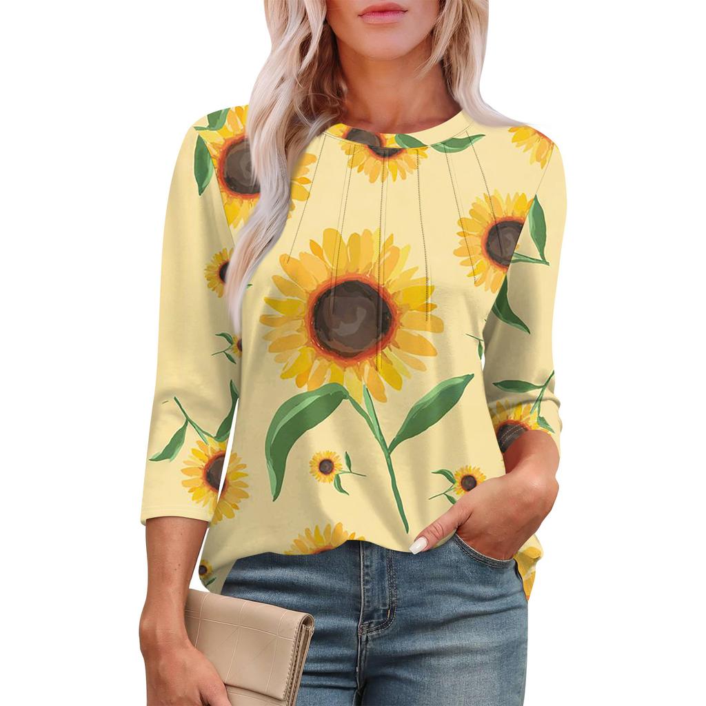 Women's Casual Round Neck Slim Sunflower Print Pleated Seven Sleeve Top