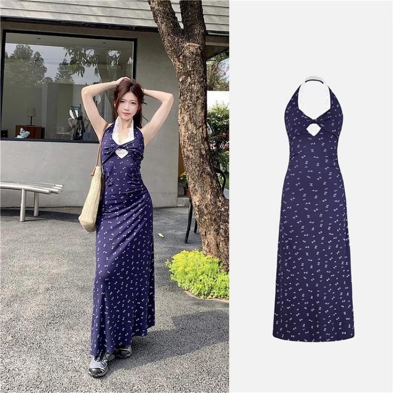 Floral Twisted Lace Halter Maxi Dress for Summer 2025