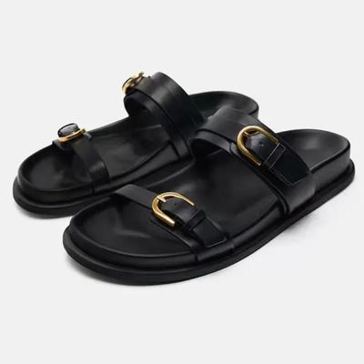 Thick Bottom Women Beach Shoes Outdoor Casual Flat Slides for Female Fashion Metal Buckle Soft Leather Summer Ladies Slippers
