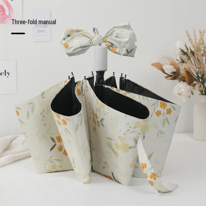 Compact Dual-Purpose Umbrella, UV Protection Parasol with Black Coating, Yellow Floral Design for Sun and Rain