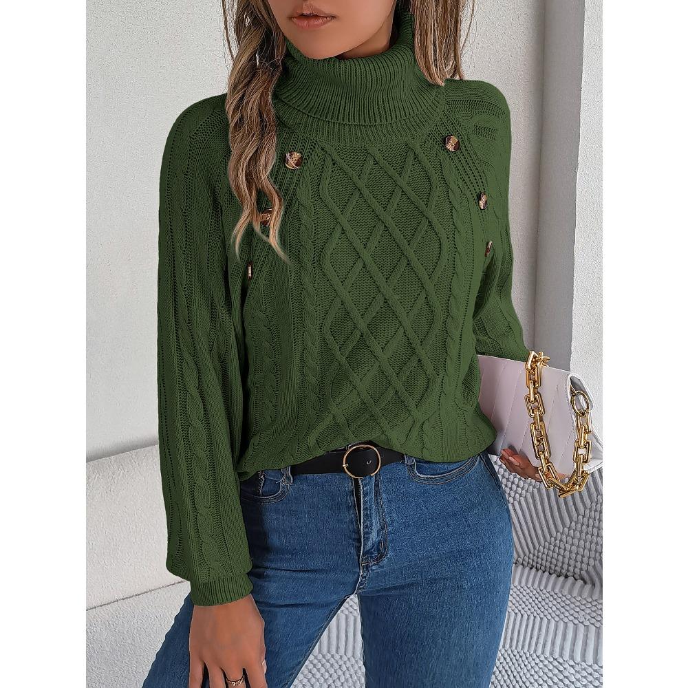 Autumn/Winter Casual Solid-Colour Buttoned Cable-Knit Turtleneck Bell-Sleeve Pullover for Women