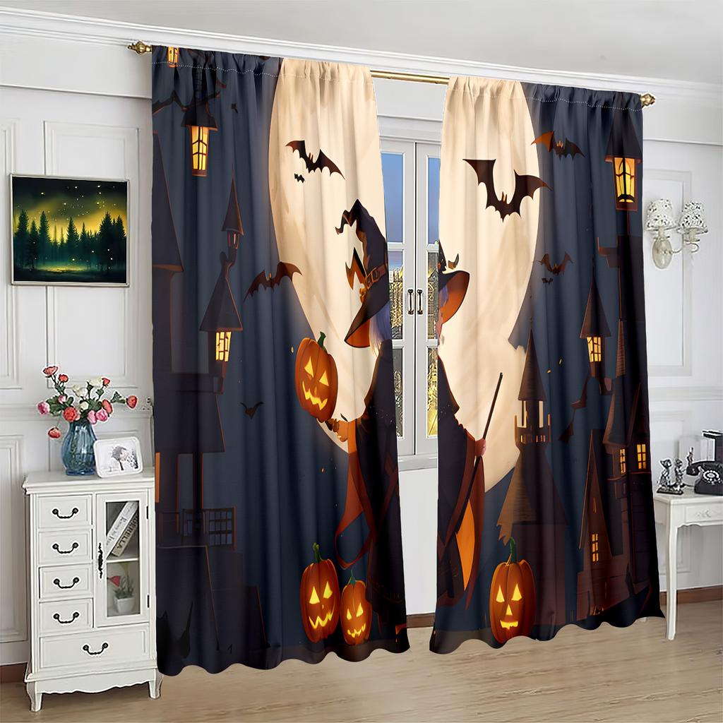 2 Stück - Halloween - Bedruckter Vorhang - Polyestermaterial - geeignet für Schlafzimmer, Wohnzimmer, Arbeitszimmer privater Vorhang