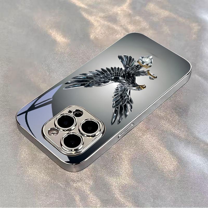 Diamond Eagle Art Electroplated Silver Phone Case For iPhone 17Air 17 16 15 14 13 12 11 Pro Max Plus 16E XR 7 8 X Xs Glass Cover