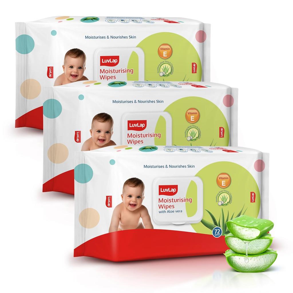 LuvLap Moisturising Baby Wipes With Aloe Vera And Chamomile Extracts Gentle Care For Delicate Skin 72 Wipes X Pack Of 3 With Lid Seal
