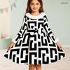 Girls High Neck Long Sleeve Black White Geometric Printed Fur Trim Bow Waist A Line Flared Dress