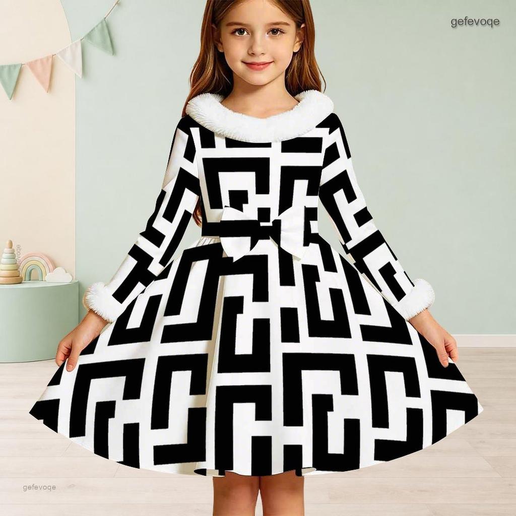 Girls High Neck Long Sleeve Black White Geometric Printed Fur Trim Bow Waist A Line Flared Dress