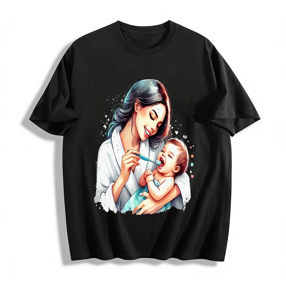 Parent-Child Teeth Brushing Time Printed Adult Top Pure cotton T-shirt XXS