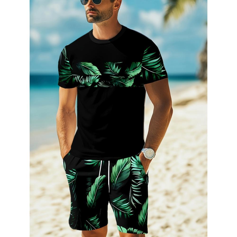 

Hawaiian Men s Set 3D Palm Leaf Pattern Casual Short-Sleeve Harajuku Style Fashionable Oversized Top Men s Beach Two-Piece Set S
