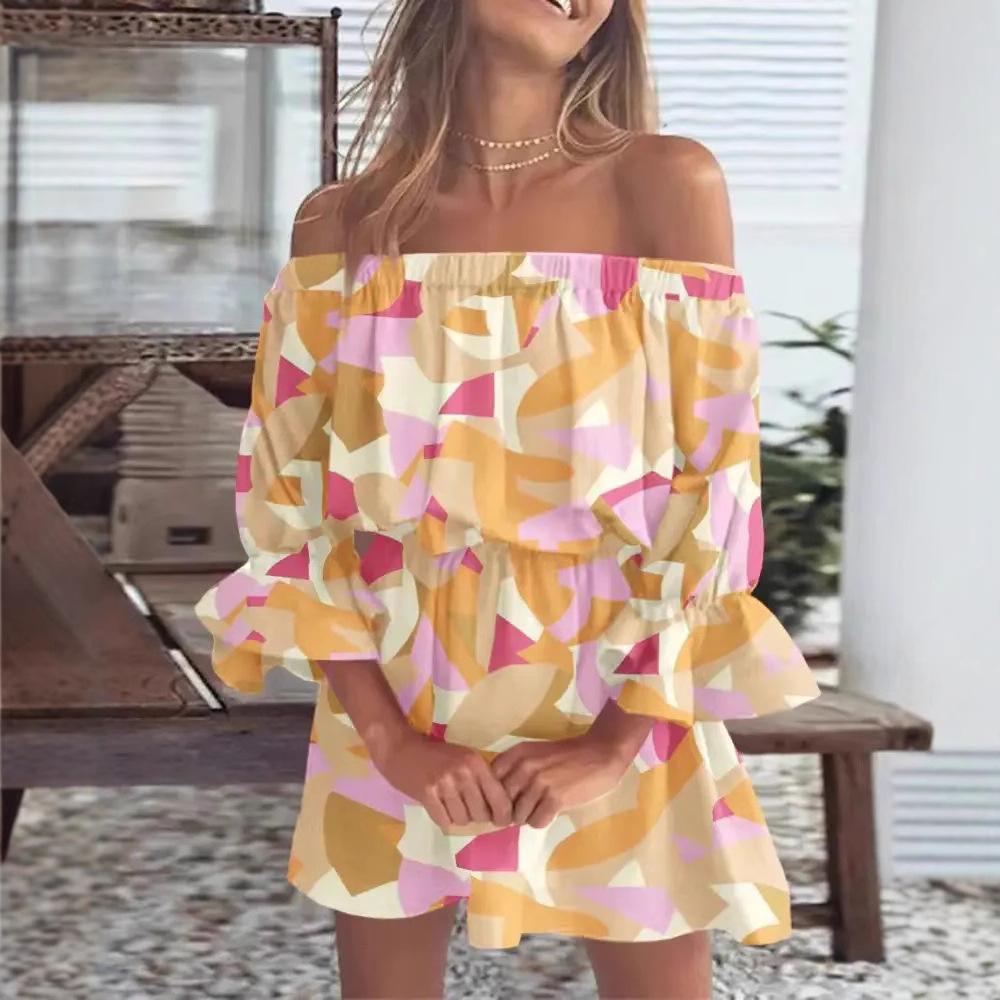 European and American independent station sexy fashion one-word shoulder print dress women's clothing, spot