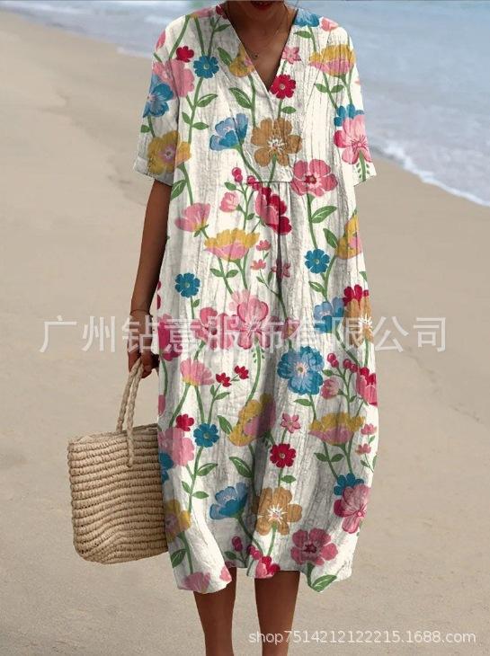 New Loose Casual Comfortable V-neck Digital Printing Pleated Large Version Dress