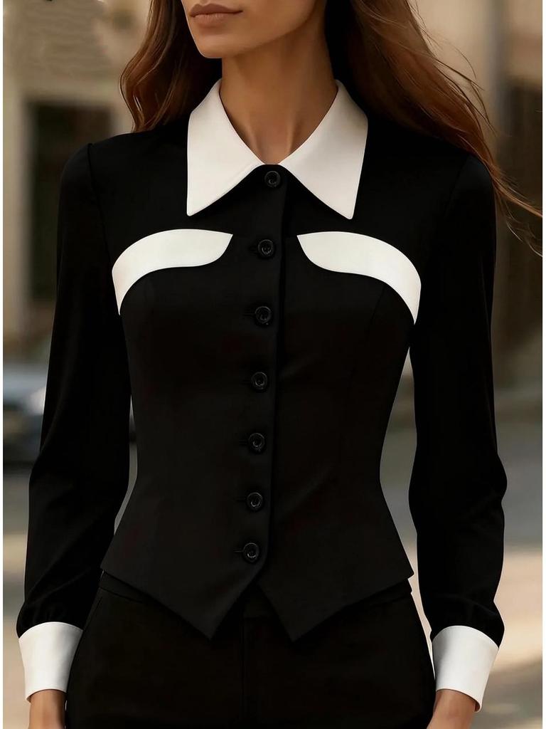 European 2025 Fashion Slimming Color Block Long Sleeve Women's Shirt
