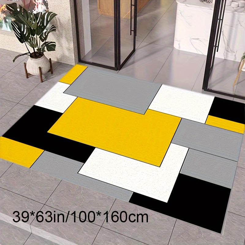 Large Plush Crystal Velvet Area Mat - Black, Yellow & Gray Geometric Grid Pattern, Non-Slip Backing, Machine Washable for Living