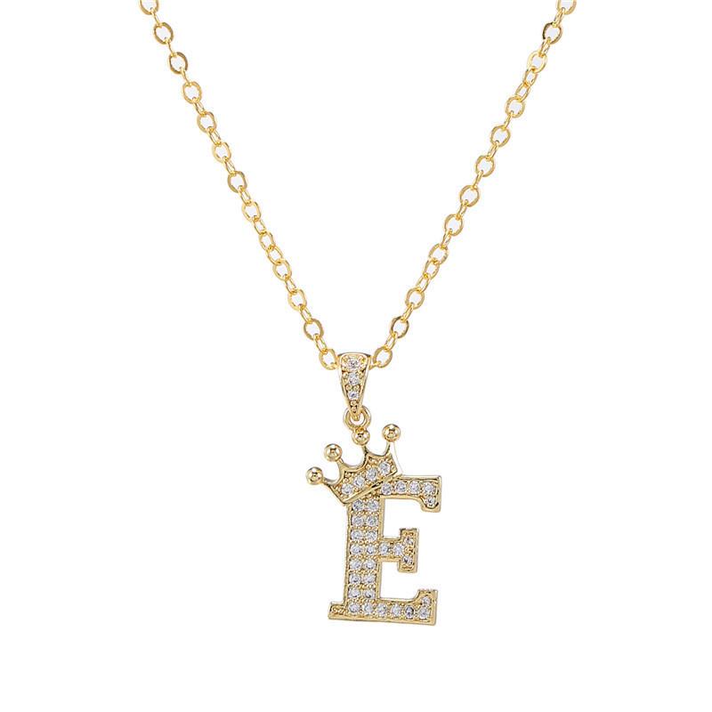 Fashion Cubic Zirconia Crown Letter Pendant Necklace Gold Hip Hop Punk Alphabet Jewelry