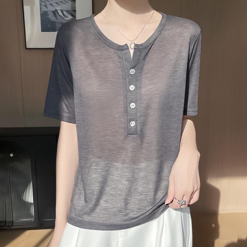 Women's Spring and Summer Thin Elegant Half Open Neck Worsted Knit Short Sleeve Casual T-Shirt Top