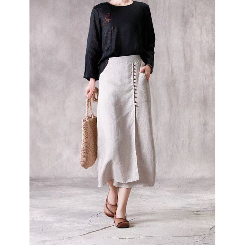 Literary Cotton Linen Split Skirt Women Single Breasted Midi A-Line Skirts Vintage Asymmetric Skirts Slimming