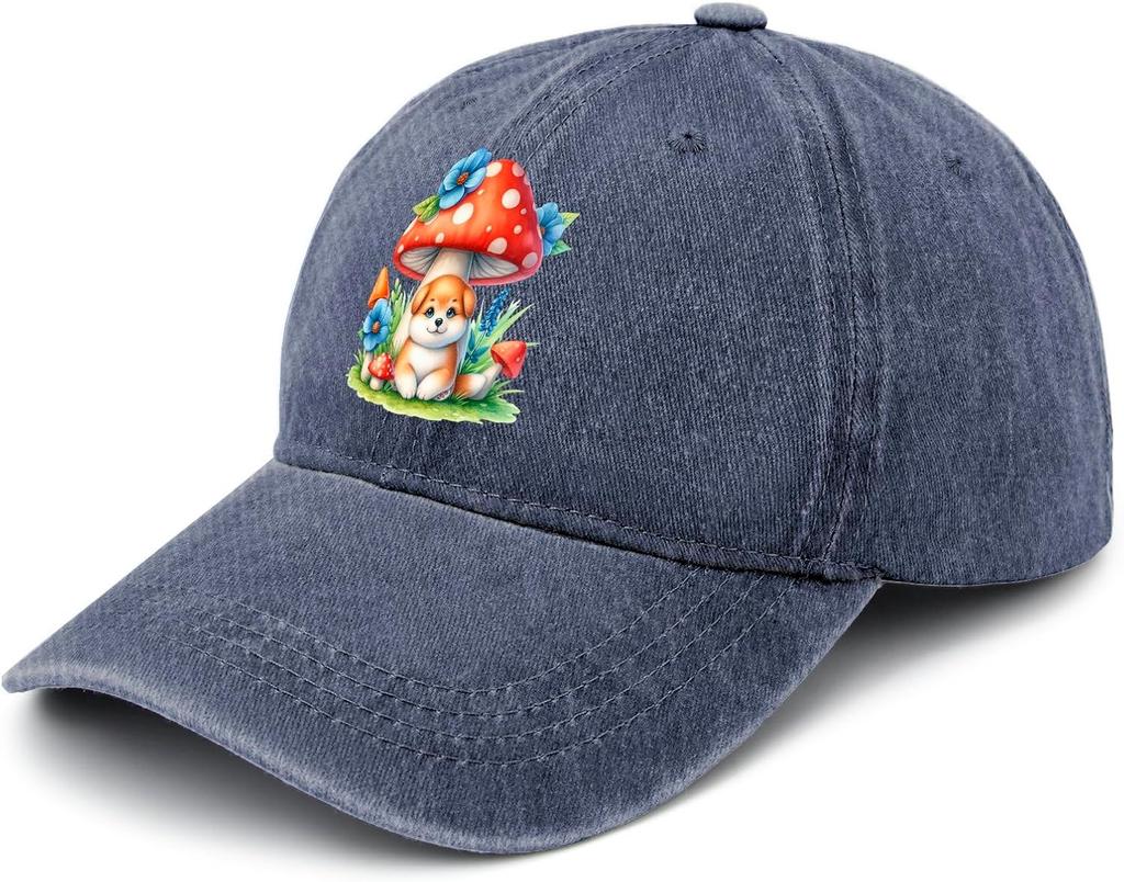 Cute Puppy and Mushroom Watercolor Print Washed Baseball Cap Adjustable Casual Sun Protection Adult Hat