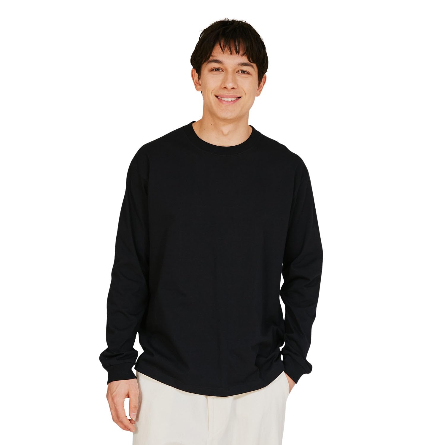 

long crew round thick solid BEEFY-T T-shirt, sleeves, neck, 100% cotton, body, tagless, fabric, color, H5186-090-M чёрный