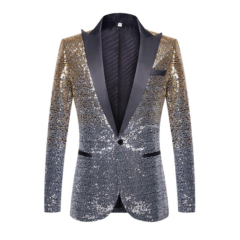 PYJTRL Mens Fashion Gradual Change Color Shiny Sequin Suit Jacket Closure Collar Blazer