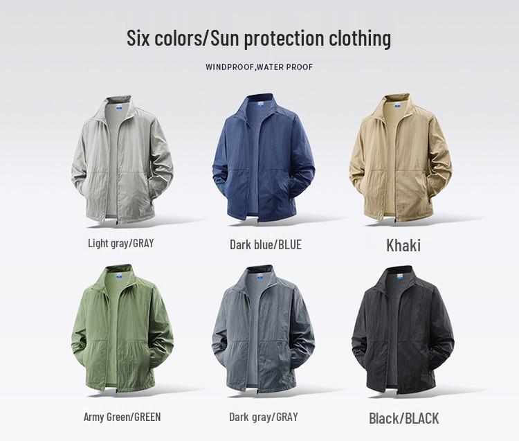 Herren Sommer Sonnenschutzjacke – Dünn, Anti-UV, Atmungsaktive Eis-Seide in Khaki, Dunkelgrau und Schwarz.