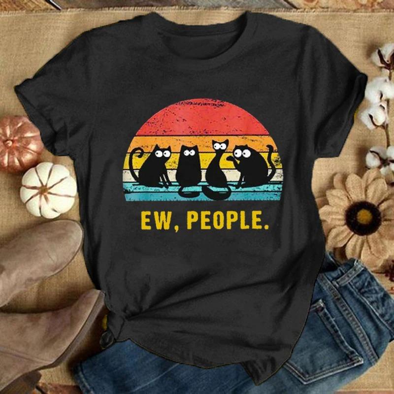 Cute Cat Print Short Sleeve T Shirts Women T Shirts Summer Short Sleeved Unisex Tshirts Comfy Soft Shirts Loose Tops